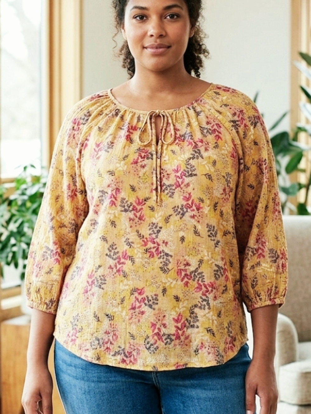 LOFT Yellow Floral Tie Neck Keyhole Peasant Top Size Large EUC